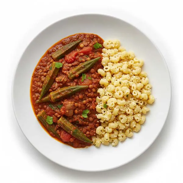 Moroccan-Spiced Baby Okra Lentil Stew with Couscous Macroni